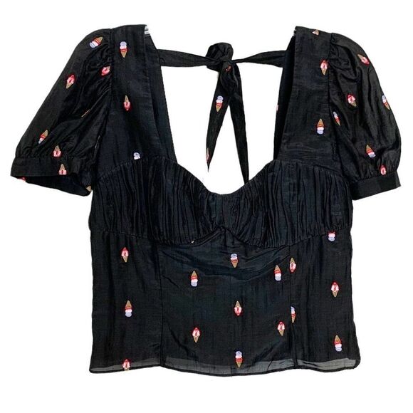 Fleur Du Mal Ice Cream Embroidery Top Blouse Bustier Tie Back Women’s Size Large - Picture 2 of 12